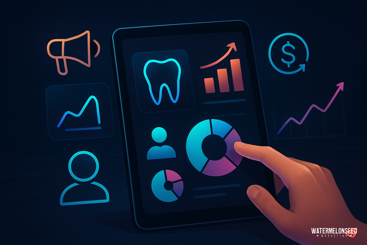 A hand interacts with a tablet displaying dental, financial, and marketing data visualizations—including pie charts that compare marketing metrics vs business metrics, detailed graphs, and icons for communication and user profiles.