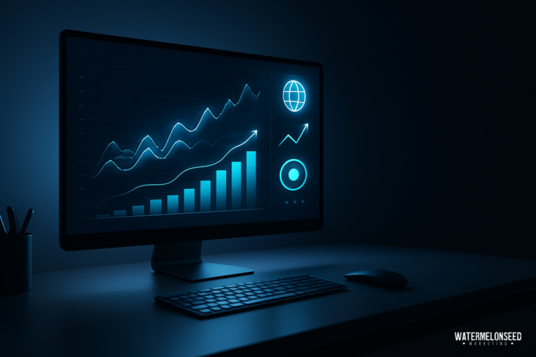 A desktop computer displays glowing blue graphs and data visualizations on its screen in a dark room, illustrating the importance of performance analytics in marketing.