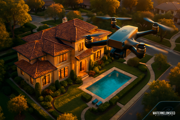 A drone captures stunning aerial footage above a two-story house with a tile roof and pool at sunset in a suburban neighborhood, showcasing the power of drone videography for real estate.