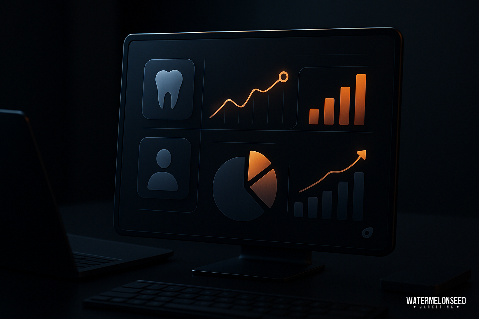 A computer monitor displays dental and business analytics icons, including a tooth, user profile, bar chart, and pie chart, in a dark office setting—providing valuable insights to help measure marketing success.