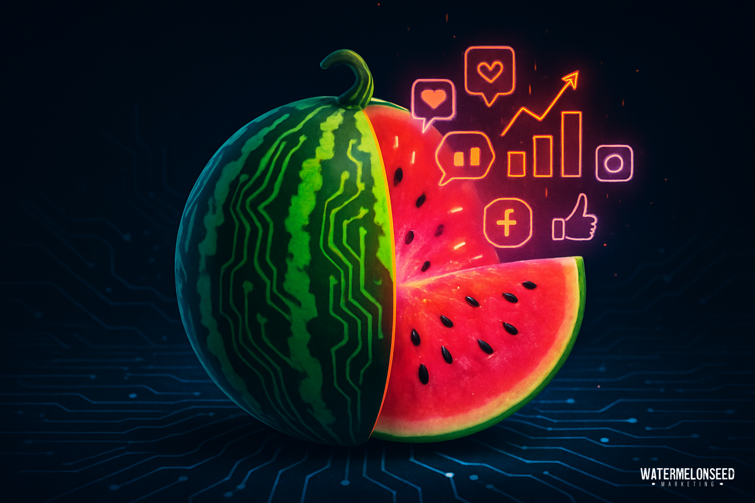 A digitally rendered watermelon with social media and data icons emerging from its sliced section, set against a dark, circuit-like background—visually representing the intricate connections of multi-touch attribution.