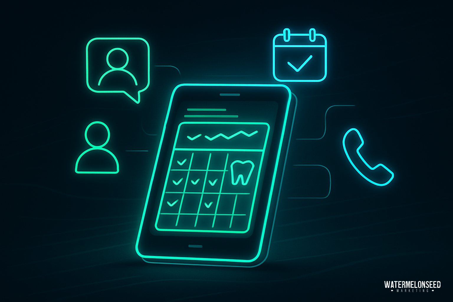 Neon illustration of a smartphone displaying a calendar with a tooth icon, surrounded by icons for people, chat, calendar, and phone, suggesting online appointment tracking and dental appointment scheduling.