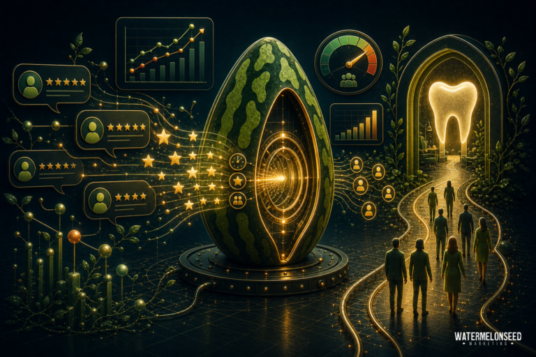 A futuristic scene with a giant watermelon seed, people walking on a glowing path toward a tooth, and digital charts, online reviews for dentists, ratings, and data symbols surrounding the seed.
