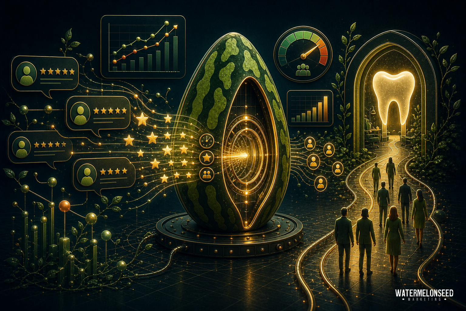 A futuristic scene with a giant watermelon seed, people walking on a glowing path toward a tooth, and digital charts, online reviews for dentists, ratings, and data symbols surrounding the seed.