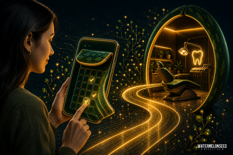 A woman uses a tablet shaped like a watermelon slice, seamlessly utilizing online scheduling, with glowing lines leading to a futuristic dental office inside a watermelon shell.