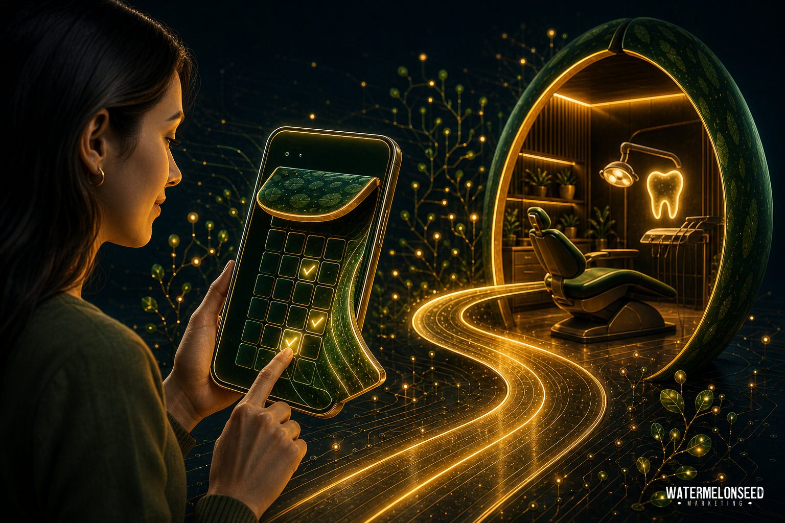 A woman uses a tablet shaped like a watermelon slice, seamlessly utilizing online scheduling, with glowing lines leading to a futuristic dental office inside a watermelon shell.
