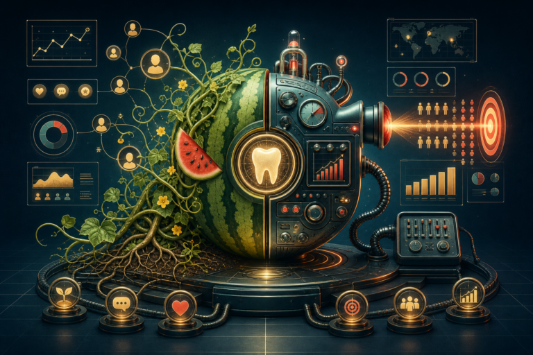 A watermelon fused with a mechanical device displays dental and data icons, surrounded by plant vines, charts, graphs, and digital interface elements that subtly illustrate the contrast between organic vs paid marketing.