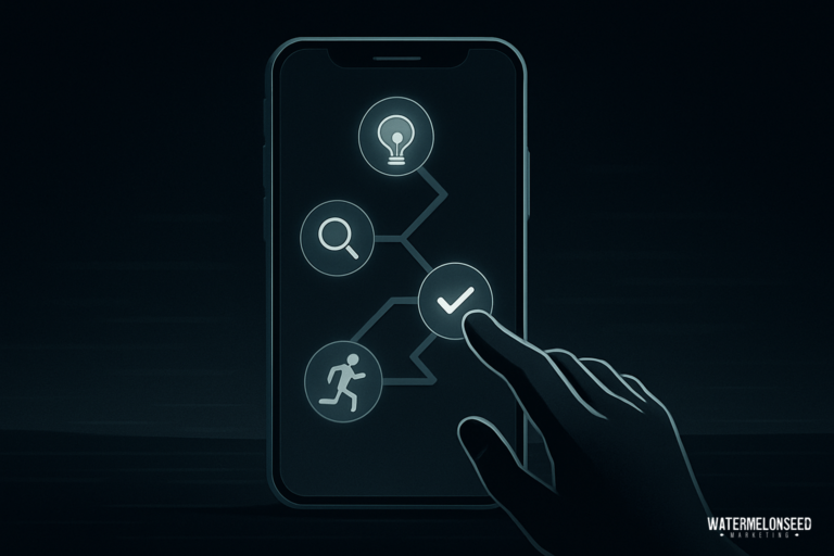 A hand interacts with a phone screen displaying icons for search, idea, action, and a checkmark in a connected sequence, illustrating patient journey tracking.