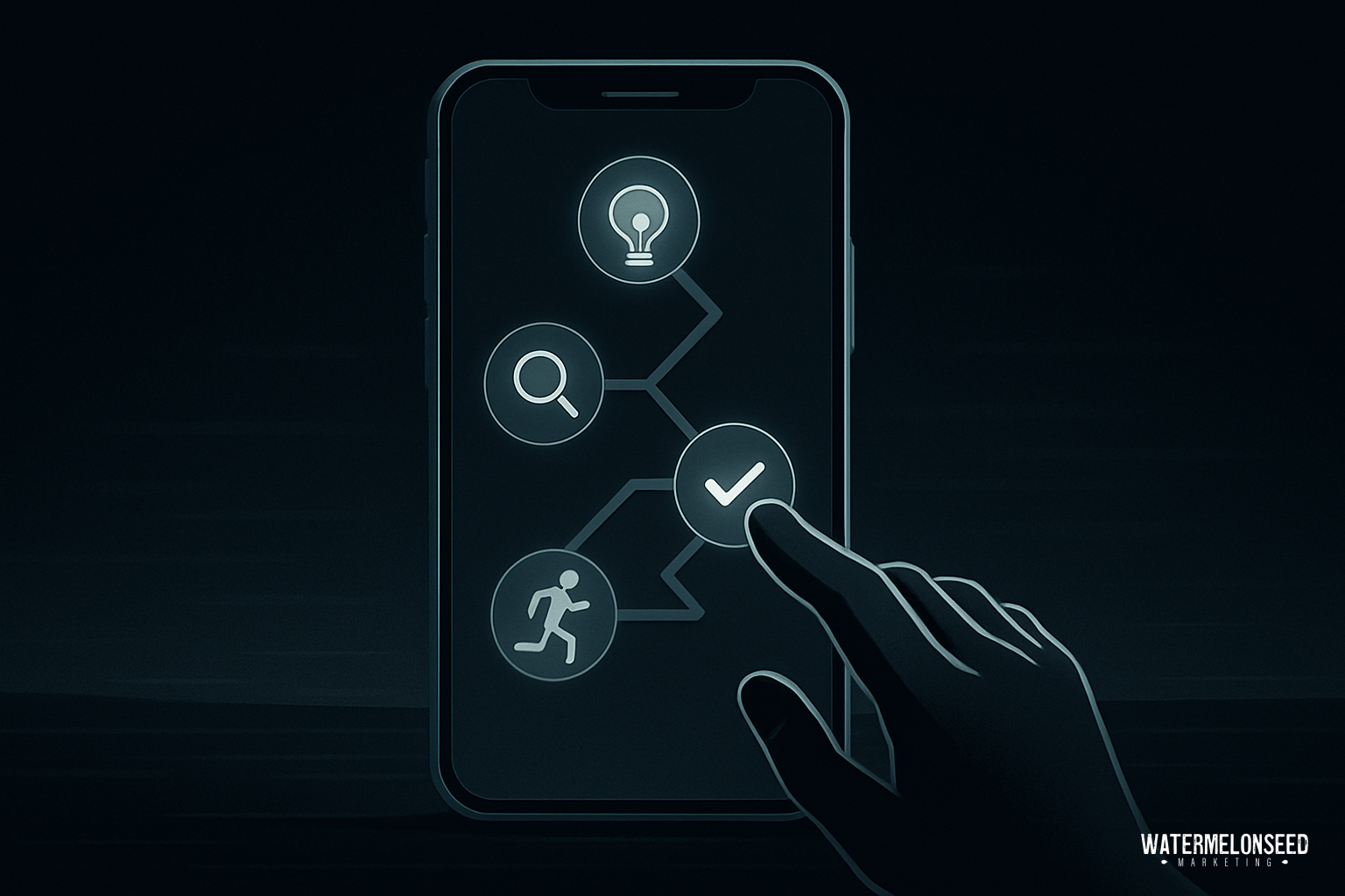 A hand interacts with a phone screen displaying icons for search, idea, action, and a checkmark in a connected sequence, illustrating patient journey tracking.