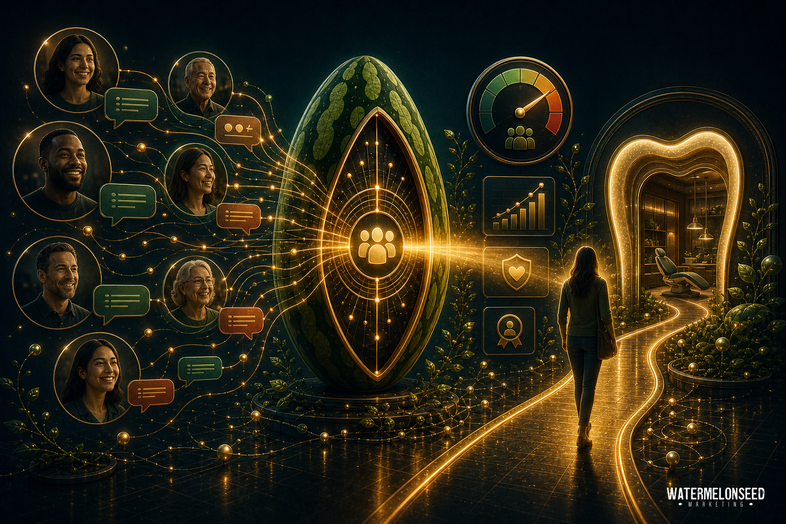 A person walks toward a glowing portal; digital profiles, patient testimonials, chat icons, and data visuals connect to a large seed-shaped hub, symbolizing social networking and data exchange.