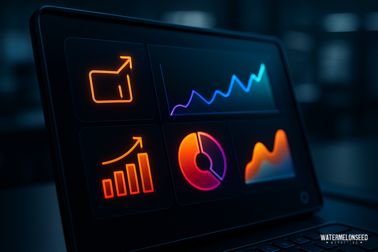 A laptop screen displays colorful data charts and graphs, including bar, line, and pie charts, suggesting data analysis or business analytics and highlighting the importance of performance analytics in marketing.