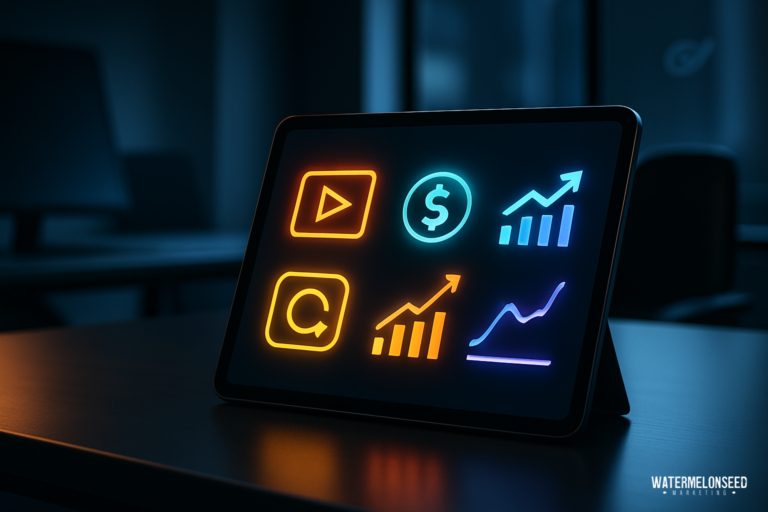 A tablet displaying colorful neon icons of a play button, dollar sign, refresh symbol, and various graph charts on a dark desk in an office setting—emphasizing the importance of performance analytics in marketing.