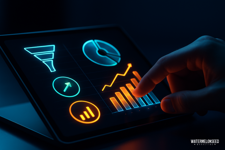 A hand interacts with a tablet displaying neon-colored data visualizations, including charts, a funnel, a pie chart, and a bar graph, on a dark background—highlighting the importance of performance analytics in marketing.