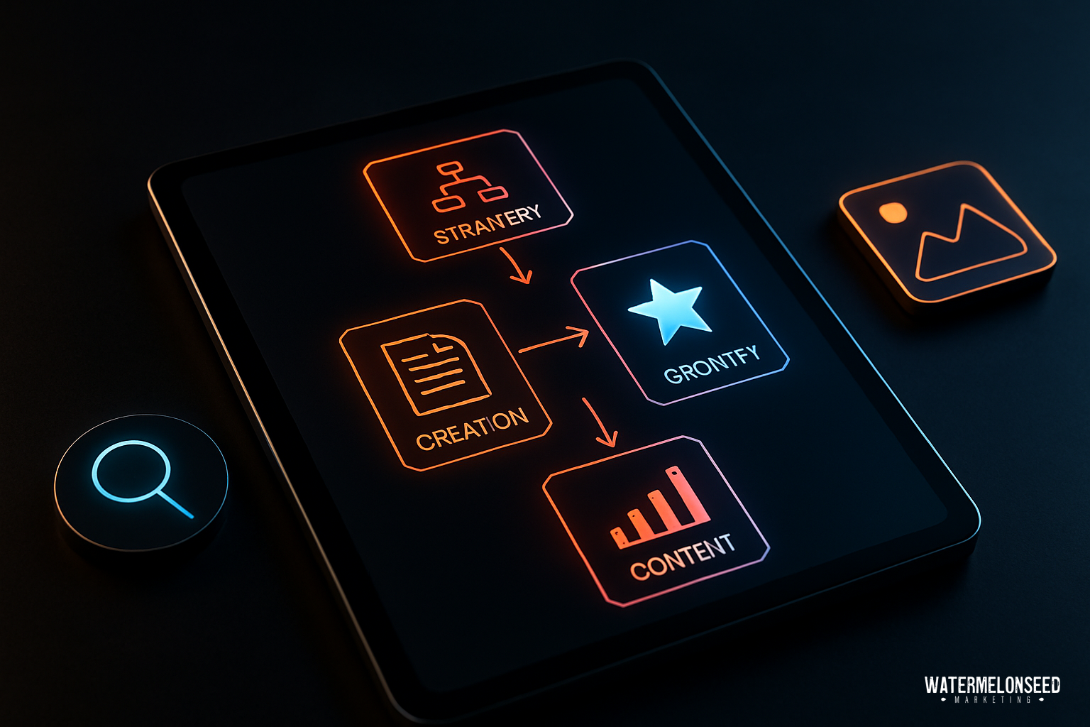 A digital tablet displays a workflow diagram with steps labeled Strategy, Creation, Gronty, and Content in neon colors, alongside illuminated search and image icons—visually outlining the best SEO practices for small businesses.