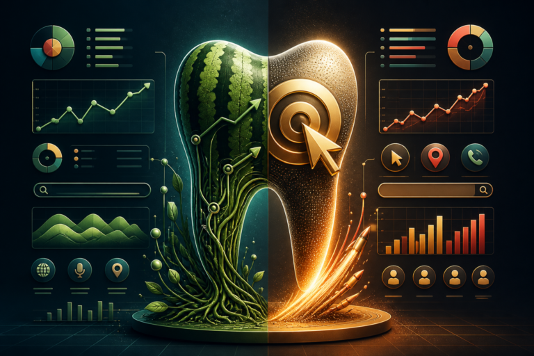 A split-image of a watermelon and a tooth, surrounded by charts and graphs, creatively illustrates data analysis concepts with organic and digital themes—highlighting the contrast between organic vs paid marketing.