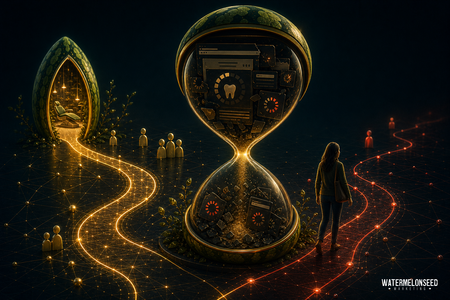 A woman stands before a giant hourglass with digital elements, facing two glowing paths—one gold with people, one red and solitary—against a dark, futuristic background that subtly evokes the frustration of navigating a slow website.