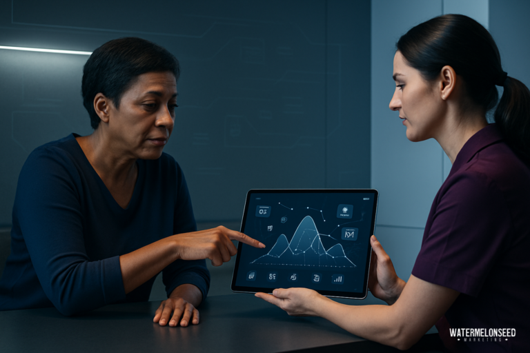 Two women in a modern office review a tablet displaying data visualizations and graphs while discussing strategies for effective content marketing for law firms.