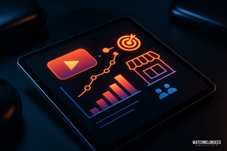 A tablet displays glowing icons of a play button, target, storefront, bar graph, line chart, and two people—highlighting the power of digital marketing analytics and the potential of YouTube advertising for small businesses.