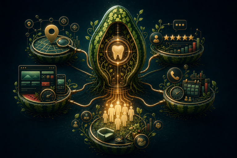 Digital illustration of a glowing tooth at the center, connected by roots to five surrounding icons symbolizing location, reviews, web tools, contacts, and data—visually highlighting the interconnected factors influencing website traffic vs new patients in modern dental practice systems.