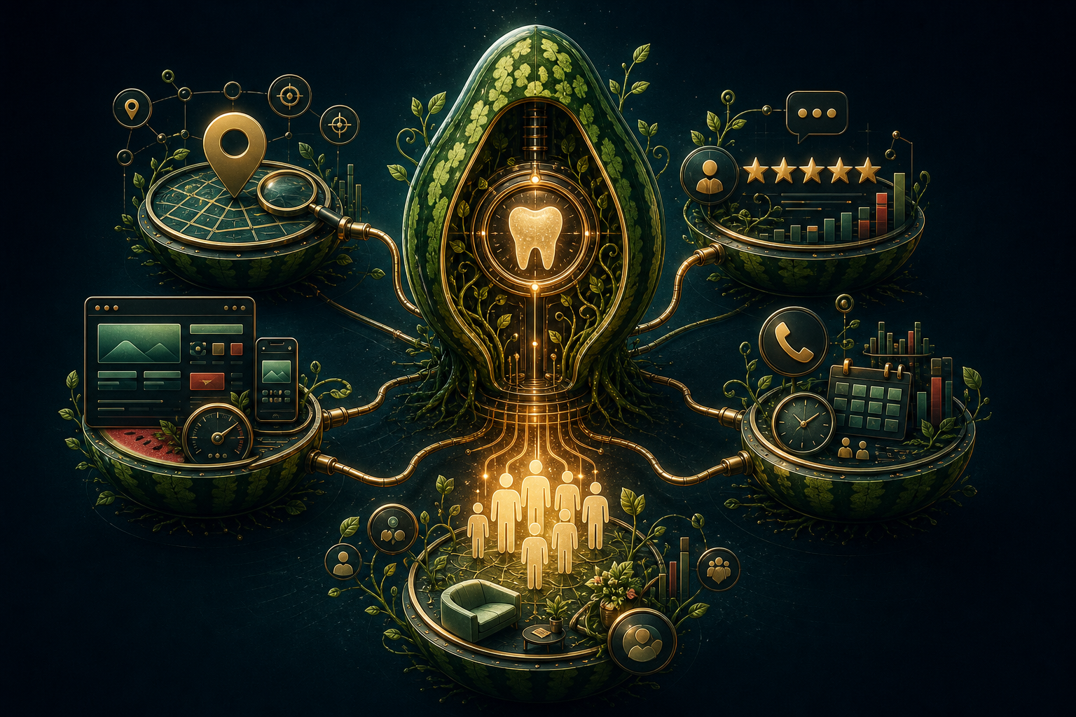 Digital illustration of a glowing tooth at the center, connected by roots to five surrounding icons symbolizing location, reviews, web tools, contacts, and data—visually highlighting the interconnected factors influencing website traffic vs new patients in modern dental practice systems.