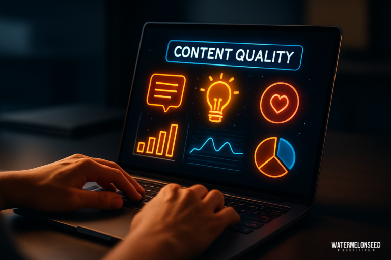 Hands typing on a laptop displaying a screen with “Content Quality” and icons for chat, idea, heart, bar graph, line graph, and pie chart—perfectly representing affordable content writing services that prioritize impactful results.