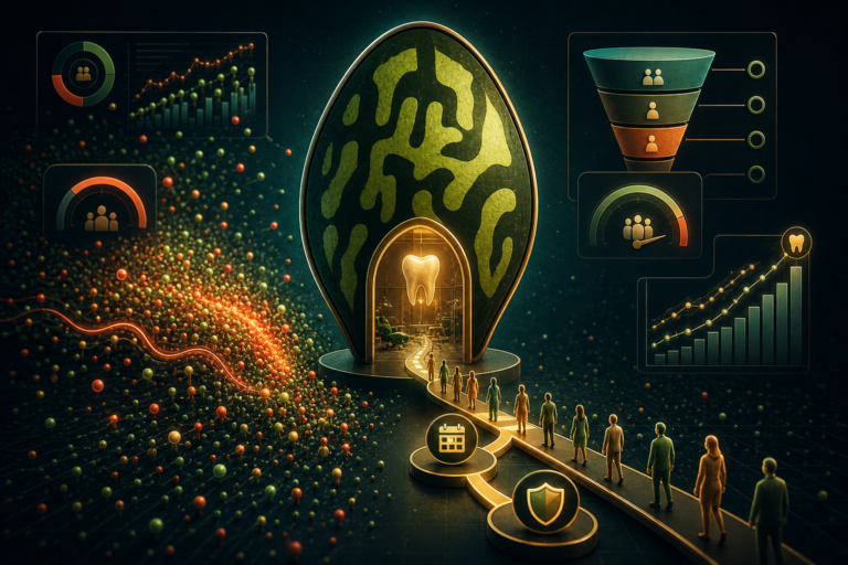 A digital illustration shows people lining up toward a giant brain-shaped doorway with a tooth inside, surrounded by data graphs and charts representing medical or dental analytics, visually exploring the relationship between website traffic vs new patients.