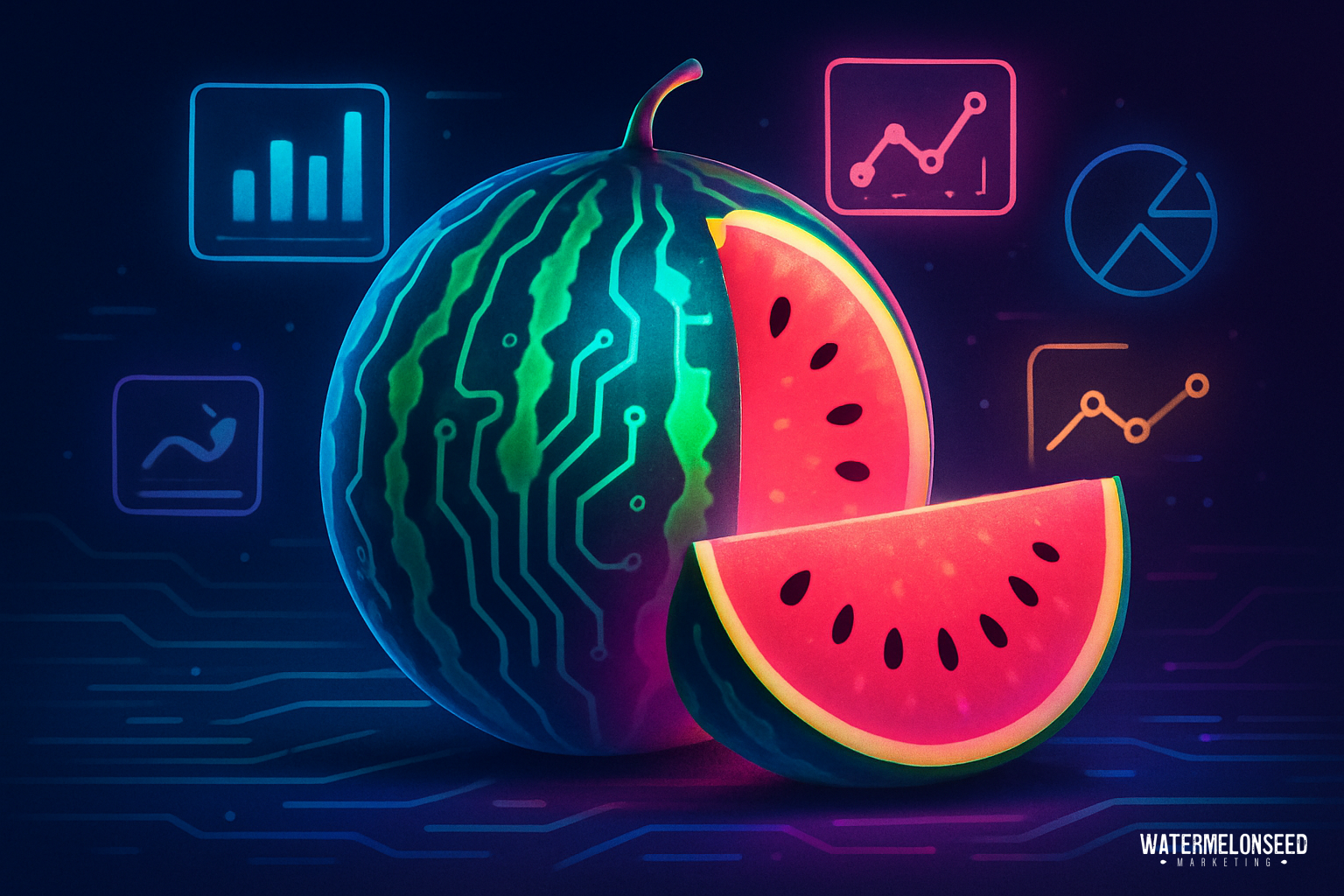 A watermelon with circuit patterns sits beside a slice, surrounded by digital graph icons that evoke performance analytics tools for digital marketing, blending fruit and technology themes.