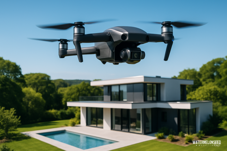 A black drone hovers in front of a modern white house with large windows and a swimming pool, surrounded by greenery on a clear day, showcasing the stunning results of drone videography for real estate.