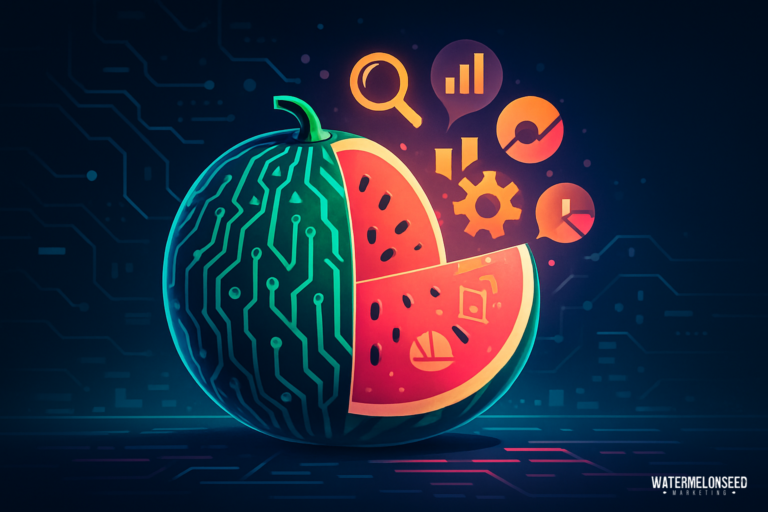 A stylized watermelon with circuit patterns is shown cut open, revealing slices with data and analytics icons—visually representing the fresh approach of affordable content writing services in the digital world.