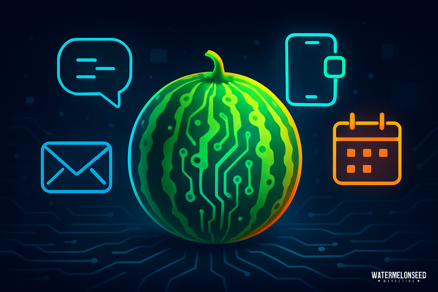 A digital illustration of a watermelon with circuit patterns, surrounded by icons for messaging, email, a wallet, and a calendar on a dark background—perfectly capturing the integration of technology and conversion tracking in modern digital communications.