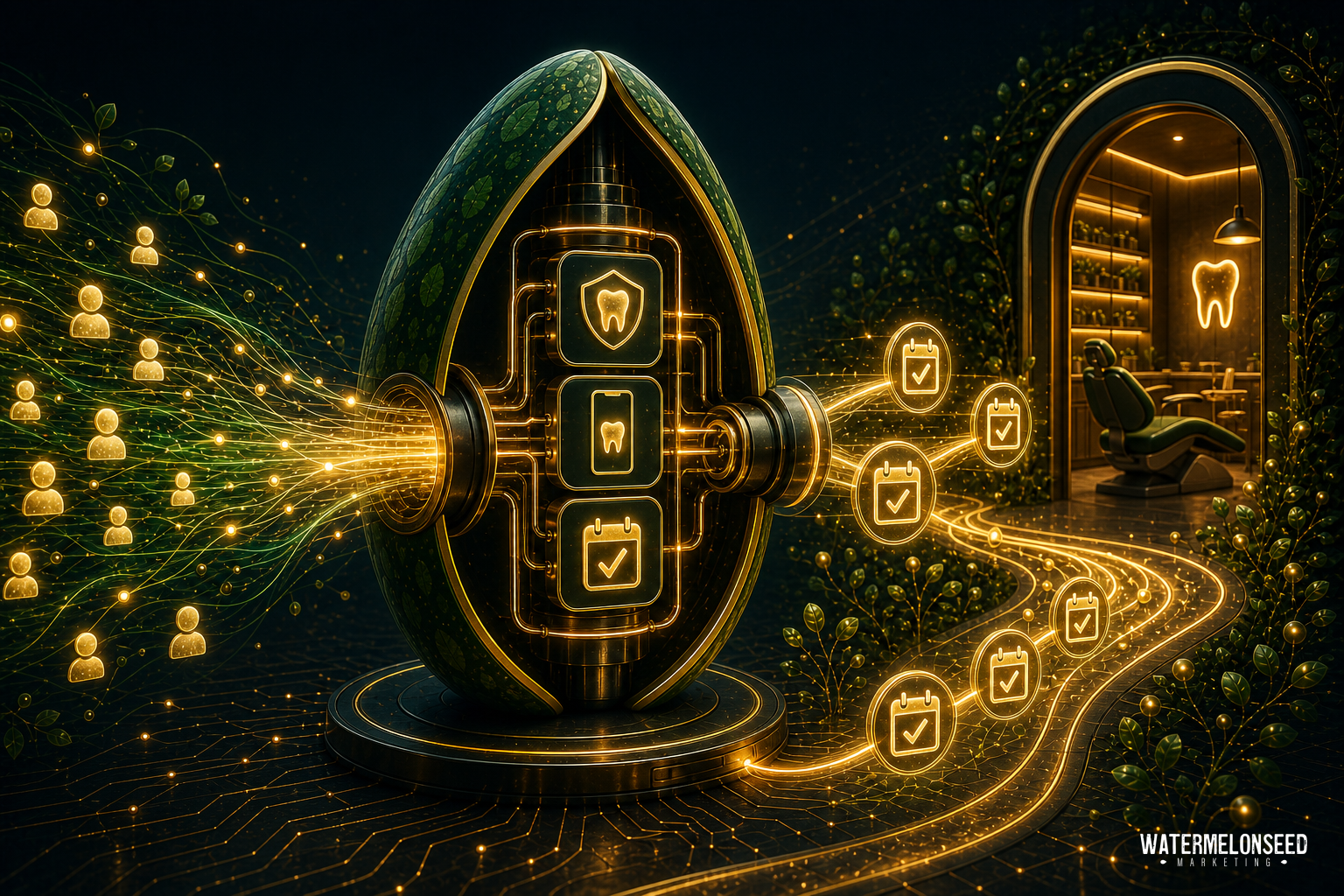 A futuristic egg-shaped device processes dental icons and appointments, connecting to a modern dental office with glowing digital pathways designed to convert website visitors into patients.