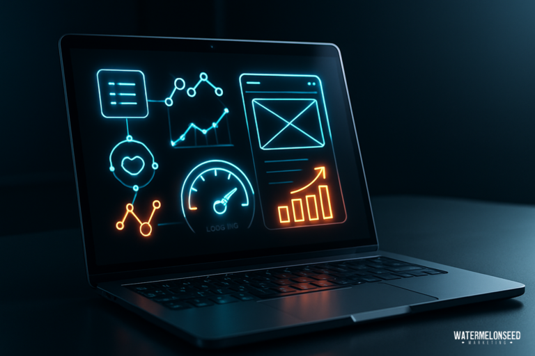 A laptop displays glowing data charts, graphs, and UI wireframes on screen, suggesting analytics and web design tools that highlight the impact of web design on conversion rates.