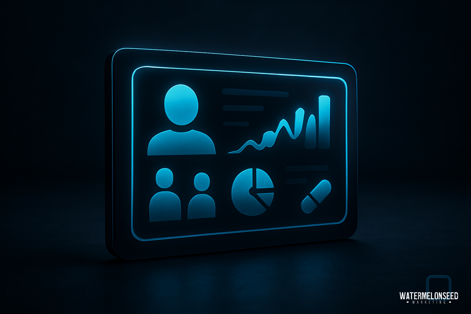 A glowing digital tablet displays user icons, graphs, and charts related to patient data marketing analytics on a dark background. The watermark “WATERMELONSEED” is visible in the bottom right corner.