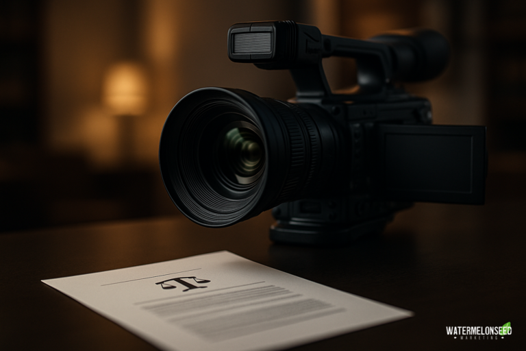 A video camera on a table is focused on a printed legal document with the section symbol, in a dimly lit room—setting the scene for content marketing for law firms that highlights professionalism and attention to detail.