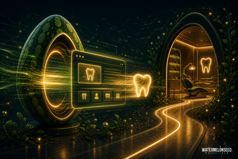 Futuristic dental clinic with glowing tooth icons, a digital interface that ensures website speed is prioritized for seamless patient bookings, and an egg-shaped entrance leading to a modern treatment room.