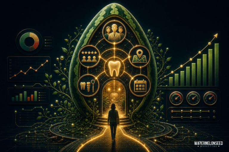 A person stands before a glowing seed-shaped structure displaying dental symbols, charts, graphs, and calendar icons, suggesting dental care, data analysis, and growth—all essential elements of what new patients look for when choosing a dental provider.