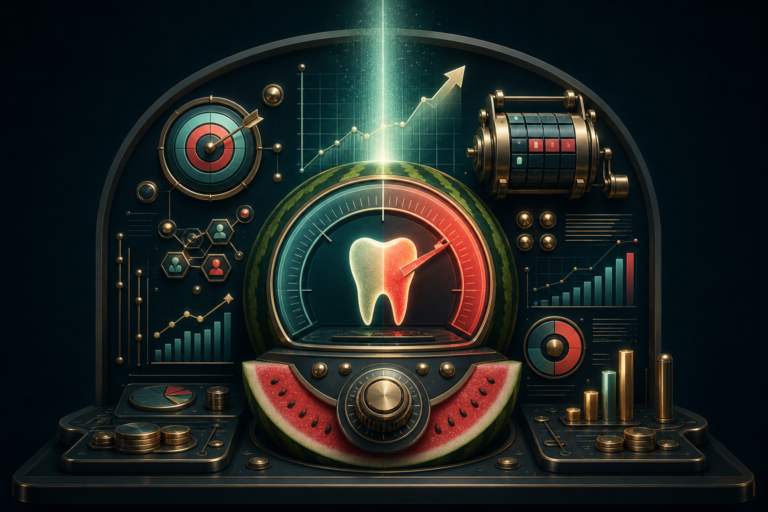A digital illustration of a tooth in a mechanical device surrounded by charts, graphs, and dials—symbolizing the analytics of organic vs paid marketing—with a watermelon slice and gold bars cleverly incorporated into the design.