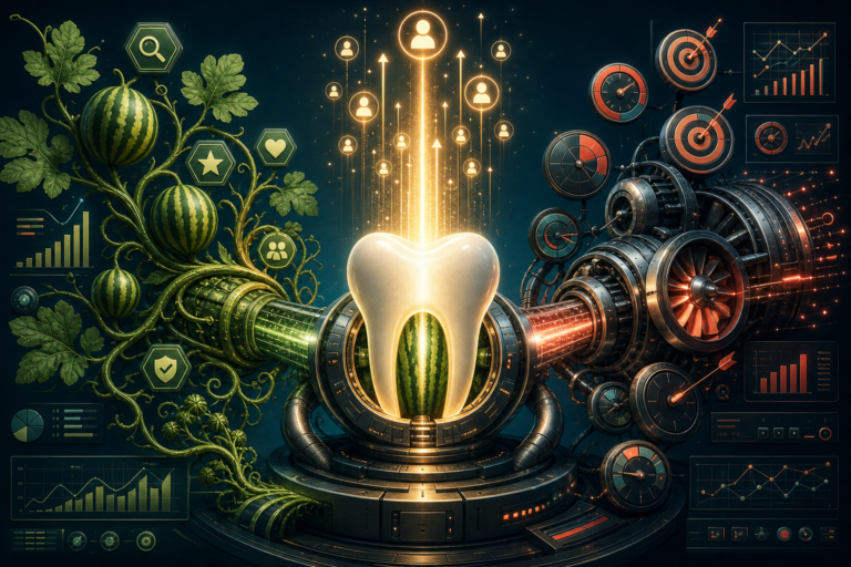 A glowing tooth surrounded by watermelons, vines, and futuristic machinery hints at the balance between nature and technology—much like the interplay of organic vs paid marketing—while digital charts and network icons in the background underscore data-driven strategy.