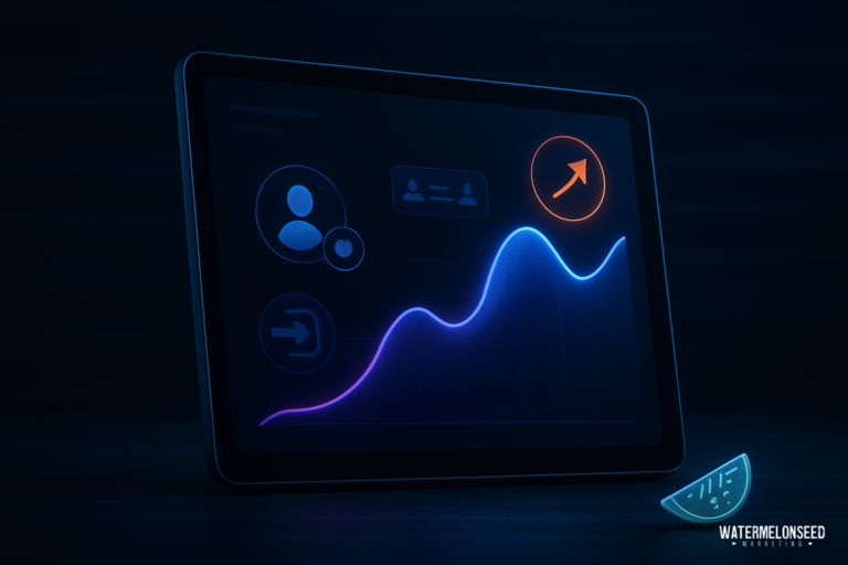 Digital tablet displays a glowing line graph with user icons, an upward arrow, and a logout symbol, signifying data analysis, user management, and improved marketing ROI.