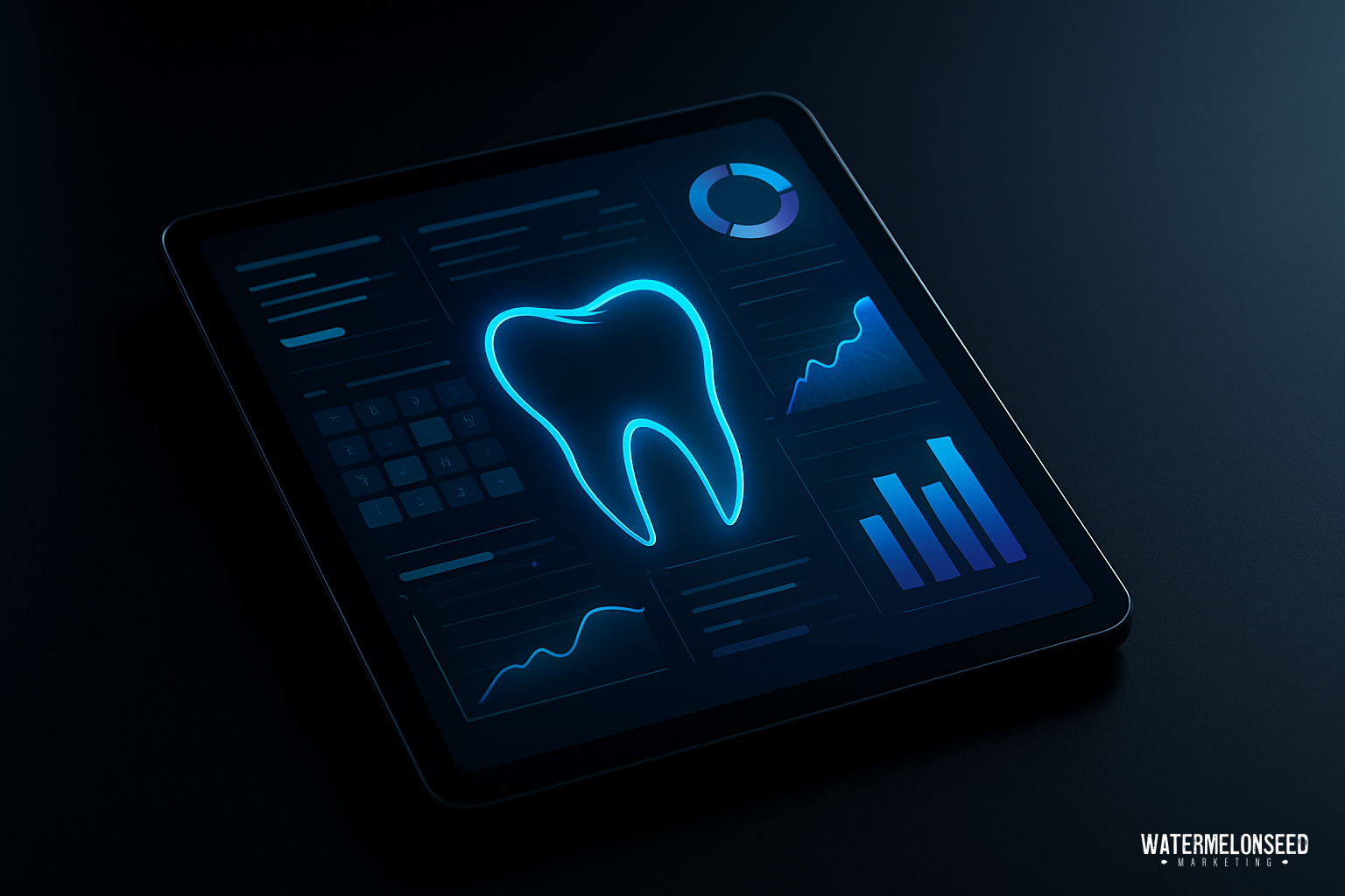 A digital tablet displays dental data visualizations, including a glowing tooth icon, graphs, and charts on a dark background—highlighting the impact of practice management software marketing.