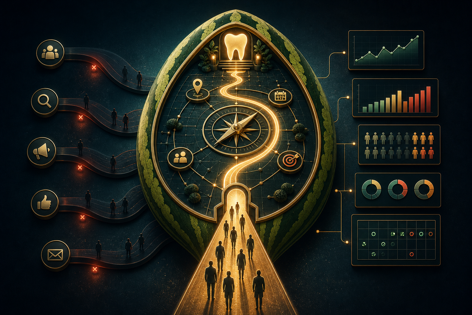 Futuristic illustration of people entering a glowing portal shaped like an avocado, surrounded by data charts, graphs, icons, and connected pathways symbolizing analytics and decision-making processes—highlighting the dynamics of website traffic vs new patients.