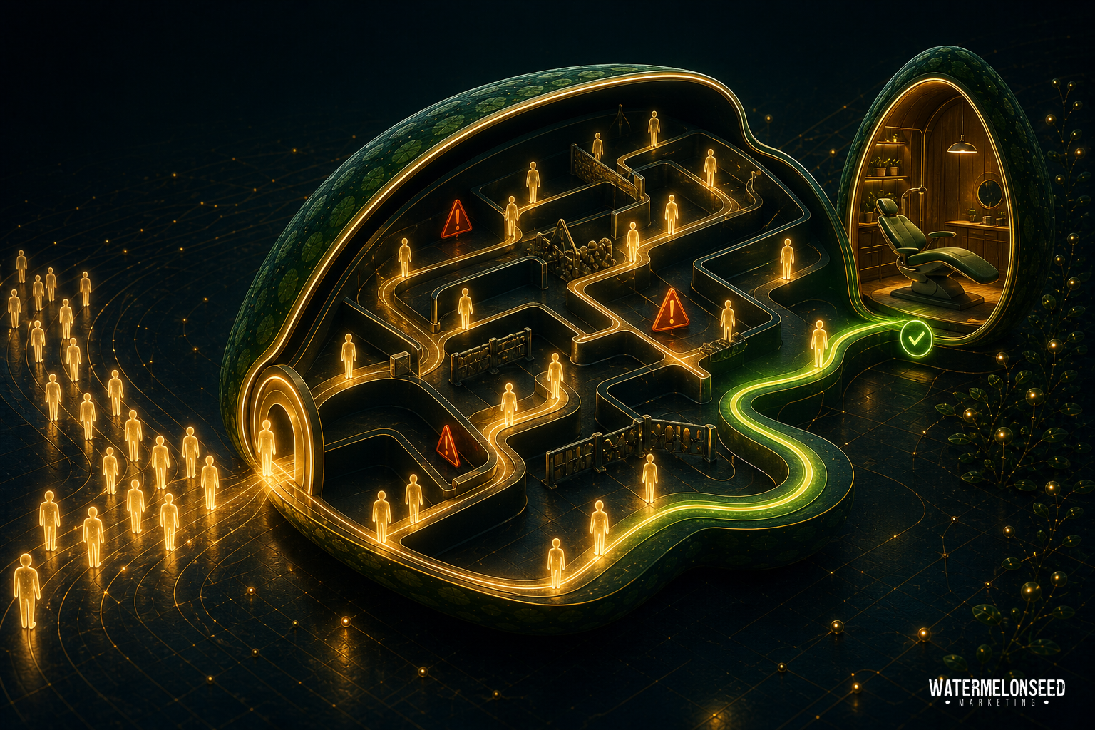 Digital illustration of glowing figures navigating a maze inside a watermelon-shaped structure, with warning signs and a green path—symbolizing website conversion optimization—leading to a cozy interior room.