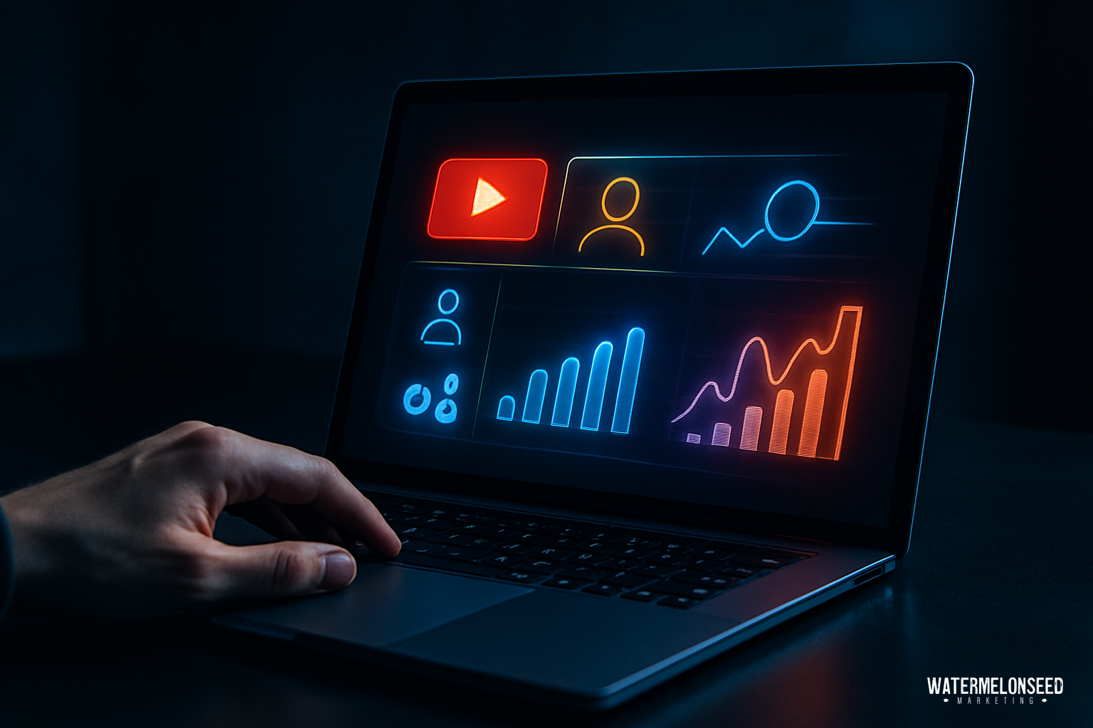 A hand uses a laptop displaying colorful graphs, charts, and icons related to video and user analytics on a dark screen, providing valuable insights into YouTube advertising for small businesses.
