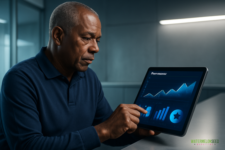 A man in a navy shirt uses a tablet displaying graphs and charts in a modern office setting, highlighting the importance of performance analytics in marketing.