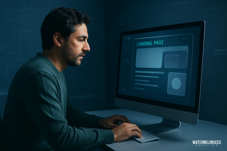 A man sits at a desk using a desktop computer displaying a website mockup labeled “Landing Page” in a dimly lit room, contemplating the impact of web design on conversion rates.
