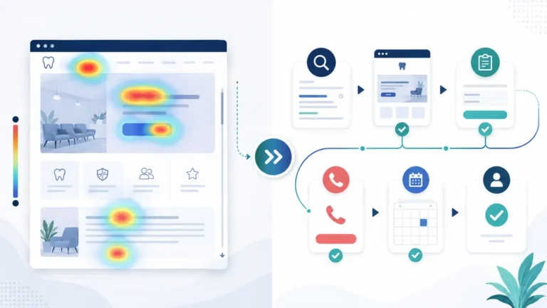 A website heatmap shows user attention on the left, while a flowchart on the right illustrates steps for making a dental appointment online, providing valuable insights into Patient Journey Tracking for Dental Practices.
