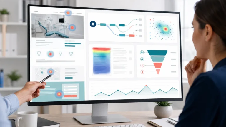 Two people review data visualizations, heatmaps, and graphs focused on patient journey tracking on a large computer monitor in a modern office setting, providing valuable insights for dental practices.