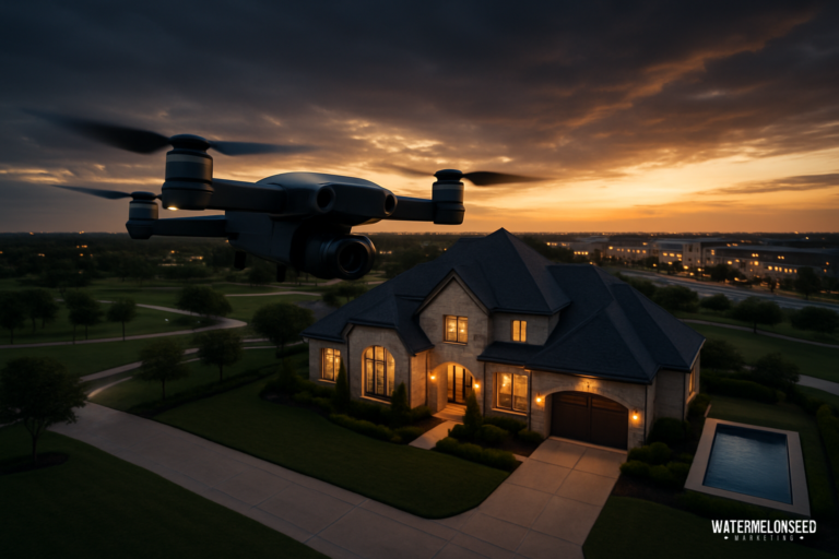 A drone hovers above a large suburban house at sunset, illuminating the driveway and surrounding lawns with warm outdoor lighting, showcasing the property’s appeal through professional drone videography for real estate.