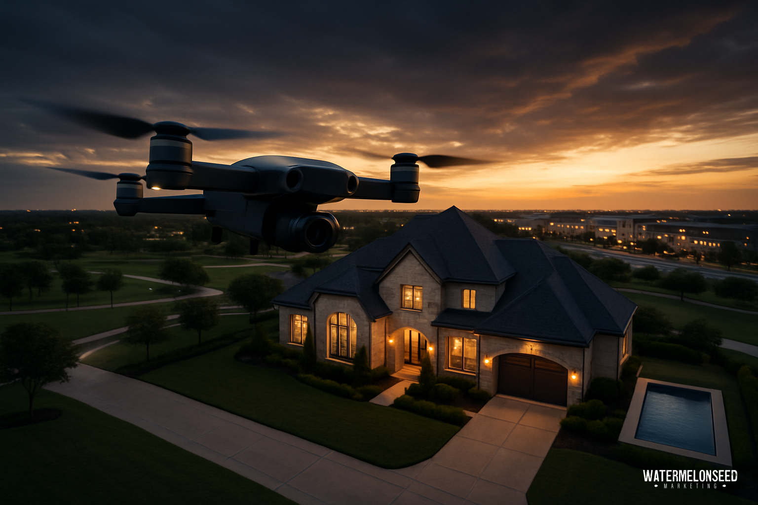 A drone hovers above a large suburban house at sunset, illuminating the driveway and surrounding lawns with warm outdoor lighting, showcasing the property’s appeal through professional drone videography for real estate.