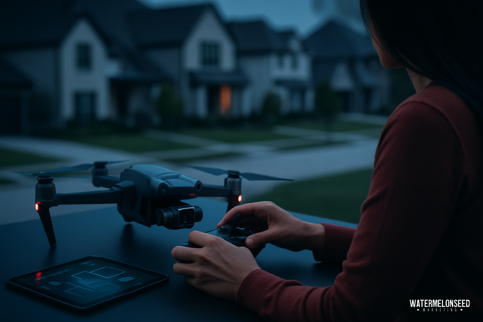 A person operates a drone with a remote controller next to a tablet on a table, outside in a suburban neighborhood at dusk, capturing stunning footage for drone videography for real estate.